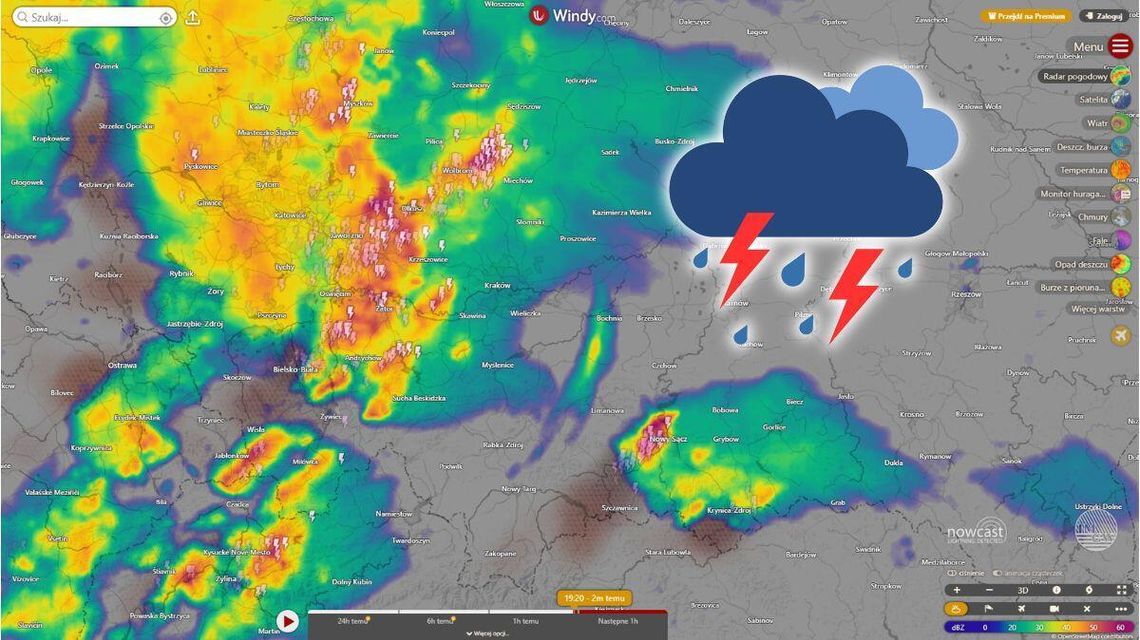 Trudna noc przed powiatem gorlickim. Burze i ulewy są coraz bliżej mapa pogody z zaznaczonymi kolorami burzami i chmurami