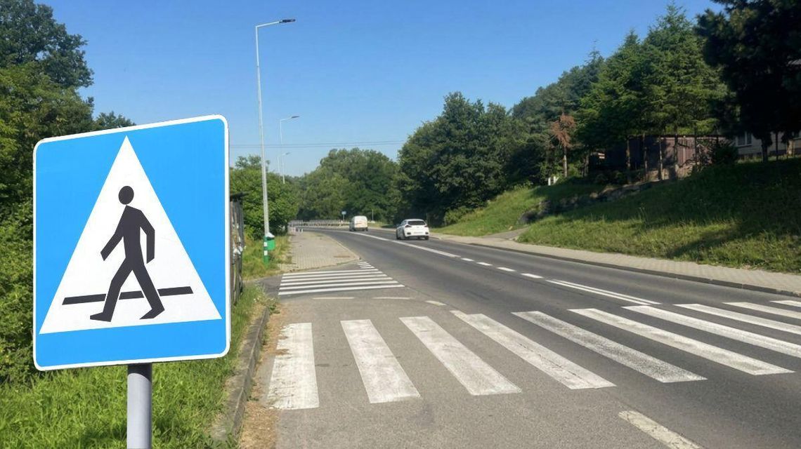 zdjęcie przedstawia przejście dla pieszych i znak