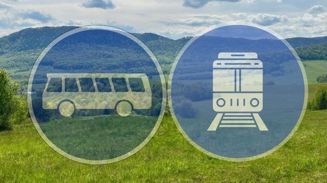 Turysta szuka połączenia. Czy znajdzie Gorlice? zdjęcie przedstawia łąki i wzniesienia beskidu niskiego, na pierwszym planie znak graficzny autobusu i pociągu