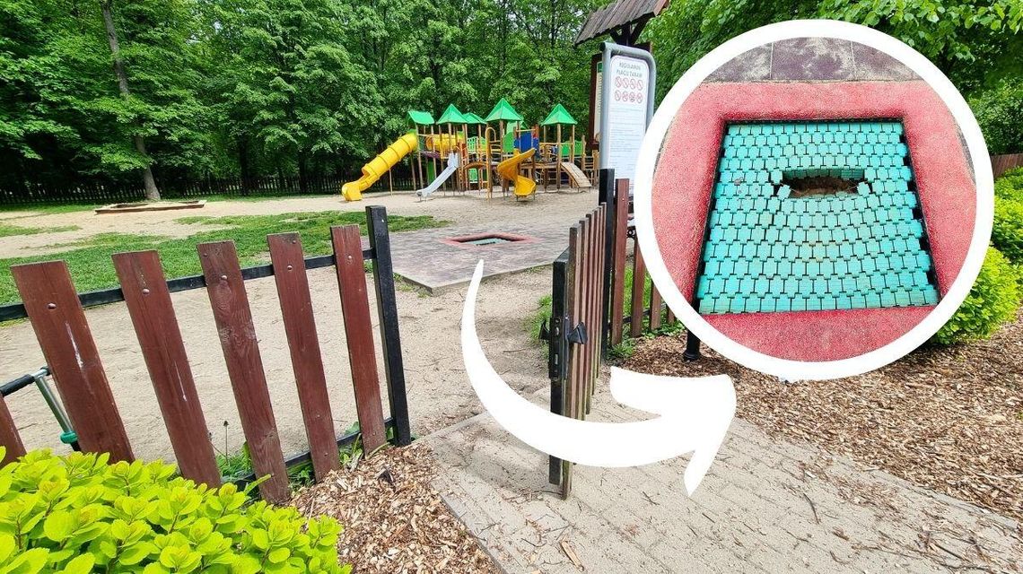zdjęcie przedstawia mini trampolinę na placu zabaw dla dzieci w parku w Gorlicach