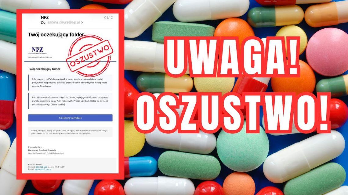 zdjęcie przedstawia kapsułki leków i napis uwaga oszustwo