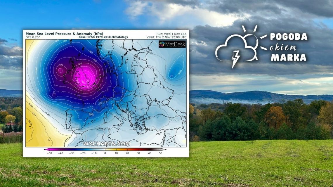 Widok na Beskid Niski i mapa pogody Europyy