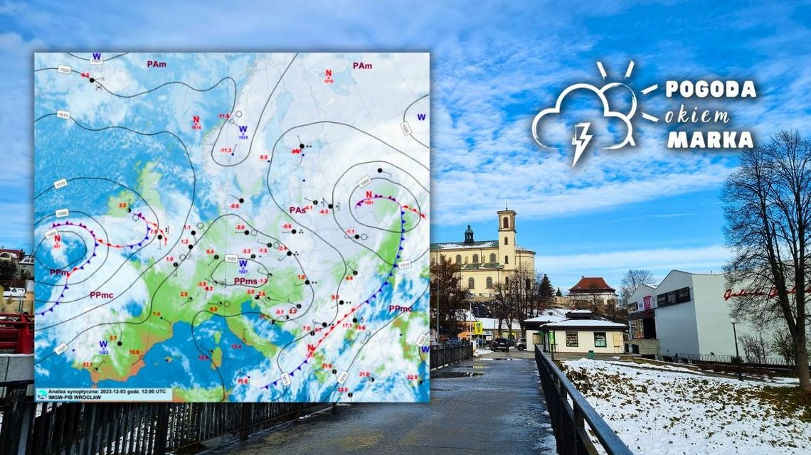 mapa pogody europy, w tle centrum Gorlic