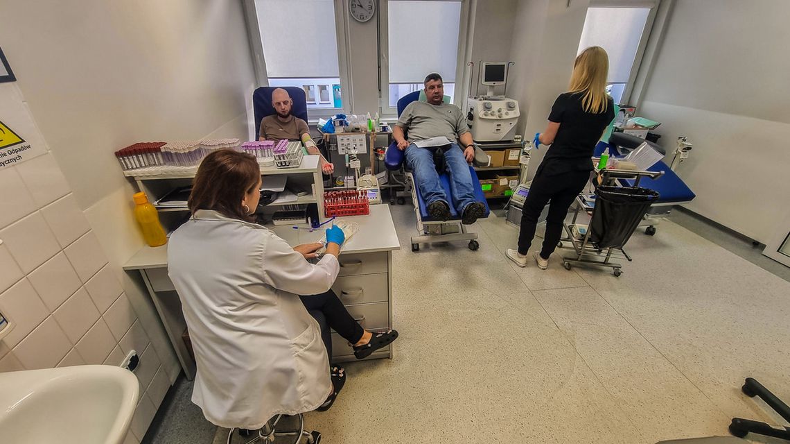 zdjęcie przedstawia mężczyzn na leżankach podczas oddawania krwi