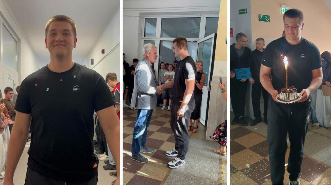 chłopak w czarnej koszulce na korytarzu szkoły w gorlicach