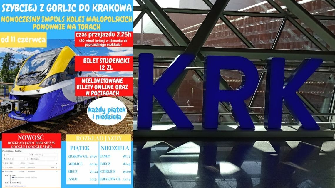 plakat informujący o powrocie pociągu kolei małopolskich na trasę Jasło - Gorlice - Kraków