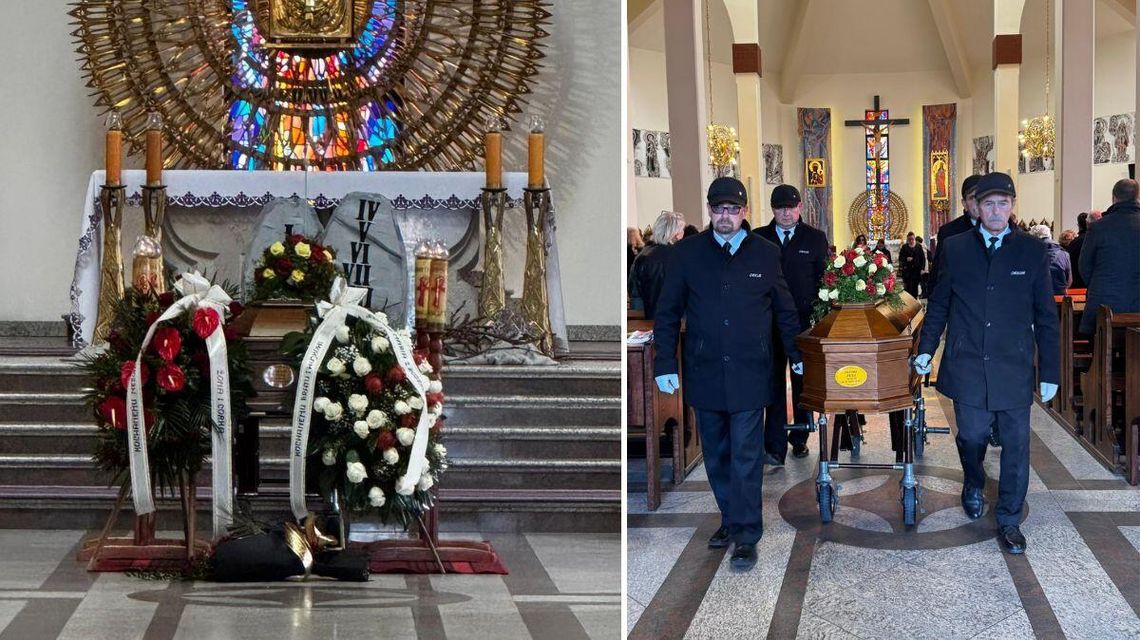 zdjęcie przedstawia kondukt pogrzebowy w kościele i trumnę