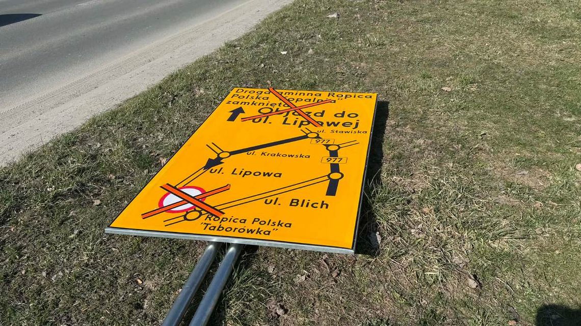 zdjęcie przedstawia drogę przez las, przed nią znak zakazu