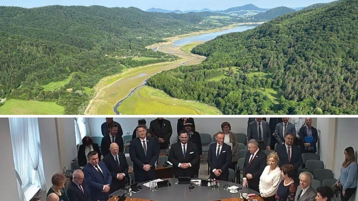 zdjęcie przedstawia widok z góry na jezioro poniżej drugie zdjęcie osób stojących przy stole