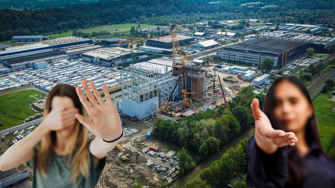 Zjeść ciastko i mieć ciastko, czyli hipokryzja po gorlicku zdjęcie przedstawia budynki zakładów przemysłowych widzianych z lotu ptaka, na pierwszym planie dwie kobiety z rękami przed sobą