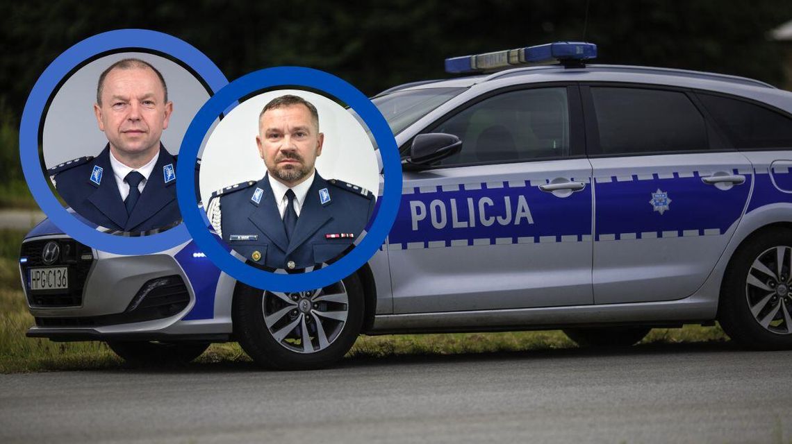 Zmiana na czele gorlickiej Policji. Inspektor za nadkomisarza zdjęcie przedstawia policyjny radiowóz, obok portrety mężczyzn