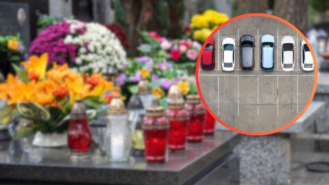 Zdjęcie przedstawia cmentarz oraz parking