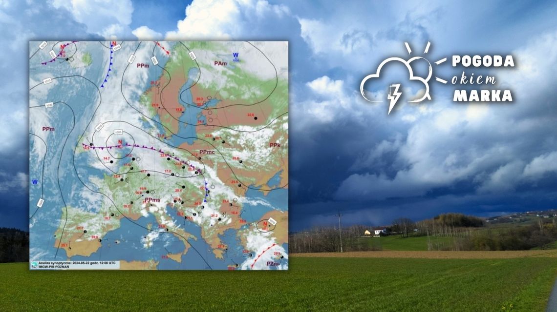 Ciemne burzowe chmury i Łąka a obok grafika pogody Europy