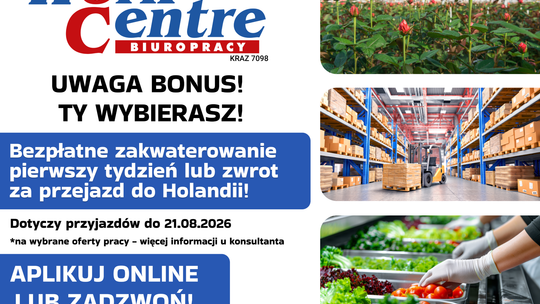Oferta pracy w Holandii - BONUS do 21. 08. 2026