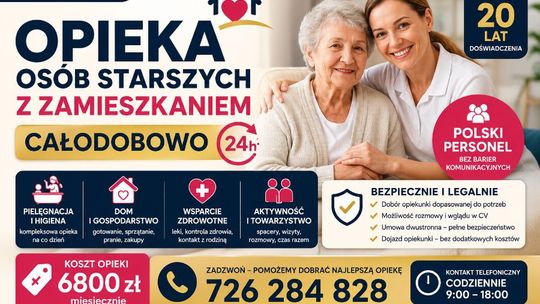 Opiekunka do osoby starszej z zamieszkaniem - całodobowo