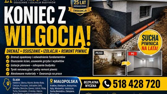 Osuszanie budynków, izolacja fundamentów, iniekcja krystaliczna, podcinanie ścian Śląsk / Małopolska
