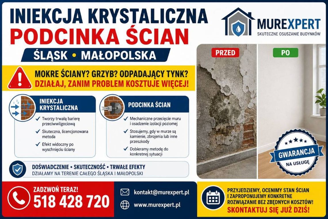 Iniekcja krystaliczna, podcinka ścian - Śląsk, Małopolska | MurExpert