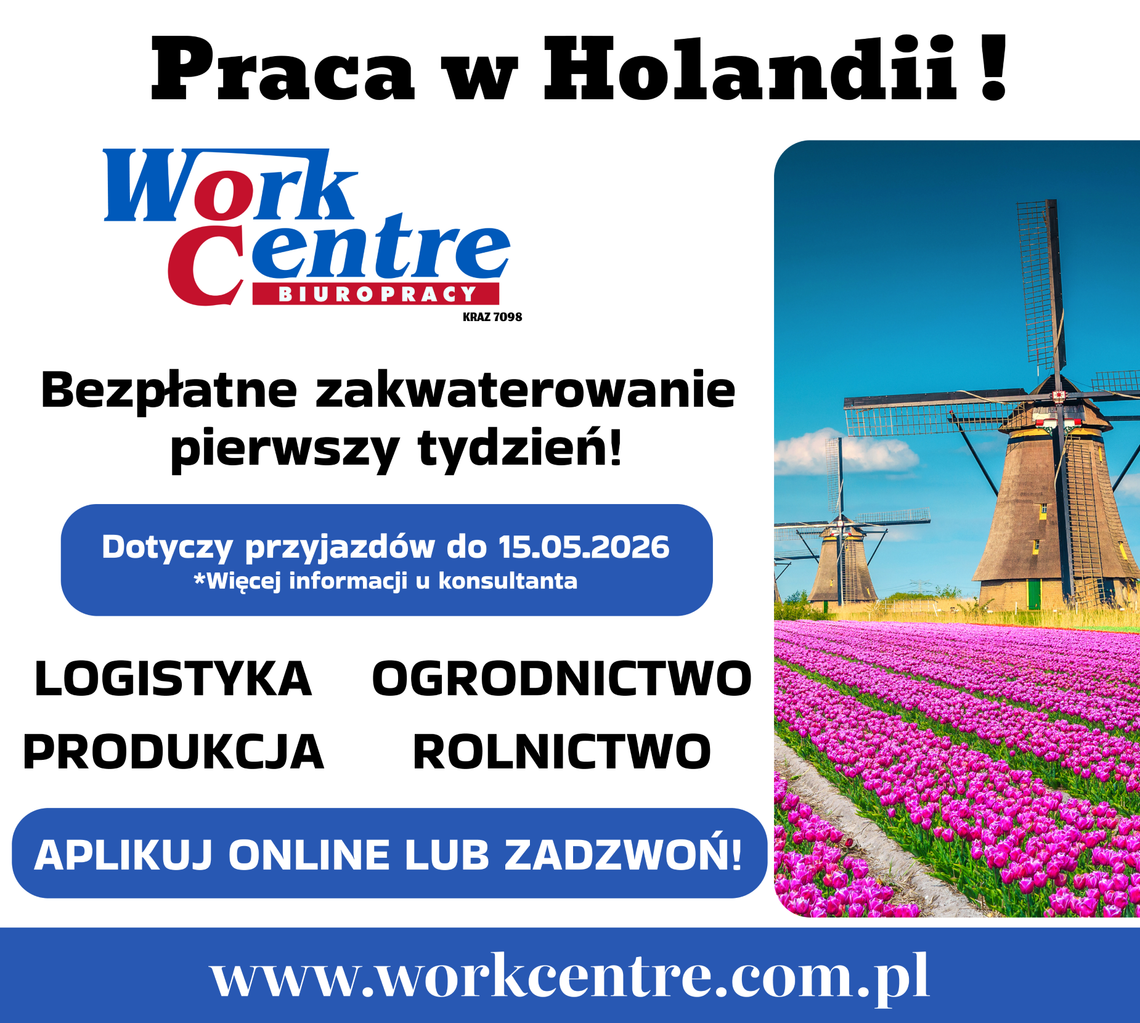 Oferta pracy w Holandii (k/m) - Bezpłatne zakwaterowanie
