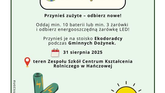 Zdjęcie przedstawia plakat promujący Akcję: Wymień i oszczędzaj w Hańczowej