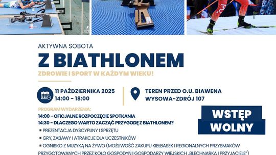Aktywna sobota z biathlonem | zapowiedzi wydarzenia - halogorlice.info zdjęcie przedstawia plakat promujący wydarzenie "Aktywna sobota z biathlonem - Zdrowie i sport w każdym wieku"