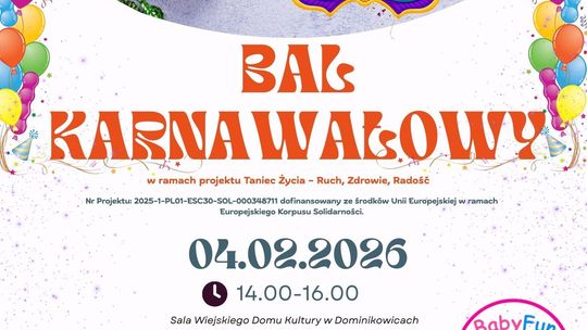Plakat zapowiadający wydarzenie - Bal karnawałowy w Dominikowicach