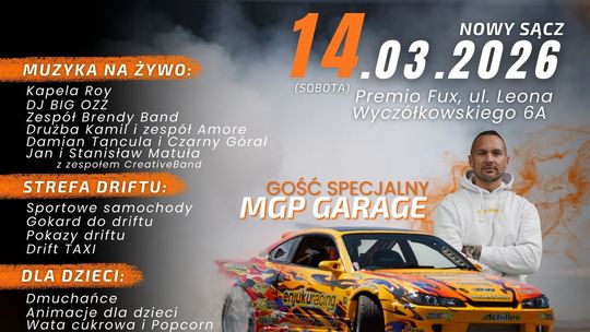 Plakat zapowiadający wydarzenie -  DRIFTUJEMY DLA DAWIDA – Wielki Zlot Motoryzacyjny