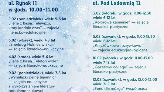 Plakat zapowiadający wydarzenie - ferie zimowe w Miejskiej Bibliotece Publicznej w Gorlicach