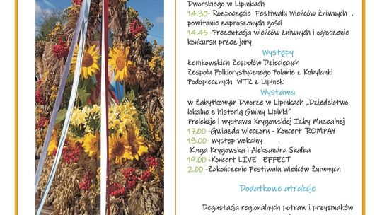 Zdjęcie przedstawia plakat promujący wydarzenie Festiwal Wieńców Żniwnych w Lipinkach