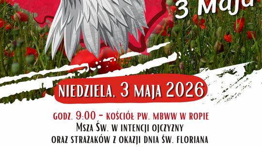 zdjęcie przedstawia plakat promujacy wydarzenie -  Gminne Obchody Święta Uchwalenia Konstytucji 3 Maja w Ropie | zapowiedzi wydarzeń - halogorlice.info