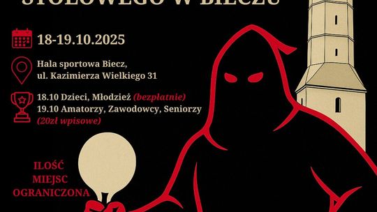 Zdjęcie przedstawia plakat promujący wydarzenie I Międzypokoleniowy Turniej Tenisa Stołowego w Bieczu