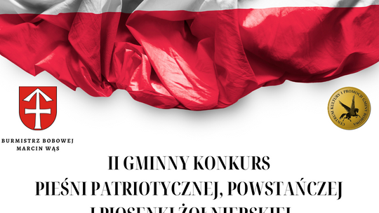 Zdjęcie przedstawia plakat promujący wydarzenie II Gminny Konkurs Pieśni Patriotycznej, Powstańczej i Piosenki Żołnierskiej