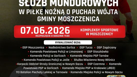zdjęcie przedstawia plakat promujący wydarzenie - III Turniej Służb Mundurowych w piłkę nożną o Puchar Wójta Gminy Moszczenica