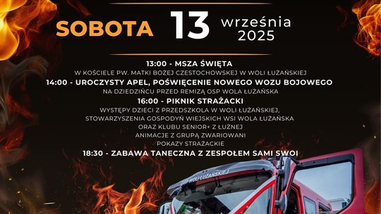 Zdjęcie przedstawia plakat promujący wydarzenie Jubileusz 80-lecia OSP w Woli Łużańskiej