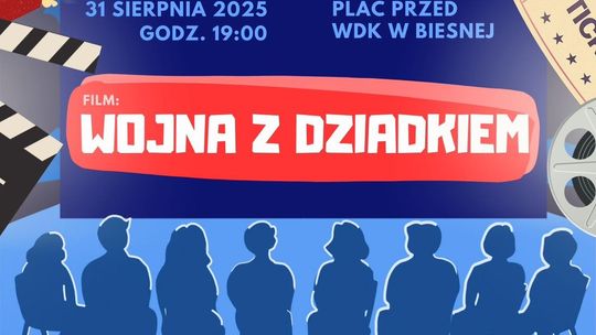Kino plenerowe w Biesnej | halogorlice.info Zdjęcie przedstawia plakat promujący wydarzenie Wernisaż wystawy Joanny Zając pt. Niebyliny