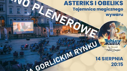 Zdjęcie przedstawia plakat promujący Kino plenerowe z filmem „Asteriks i Obeliks. Tajemnica magicznego wywaru”