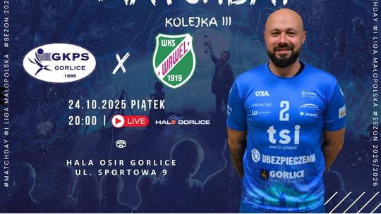 Zdjęcie przedstawia plakat promujący wydarzenie Mecz siatkówki GKPS Gorlice - WKS Wawel Kraków
