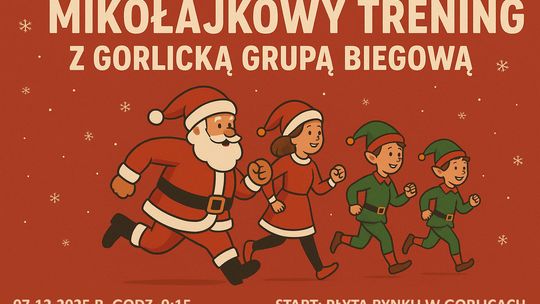 Plakat zapowiadający wydarzenie mikołajkowy trening z gorlicką grupą biegową