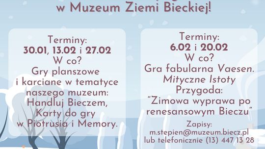 Plakat zapowiadający wydarzenie - RodzGRYwki na ferie w Muzeum Ziemi Bieckiej