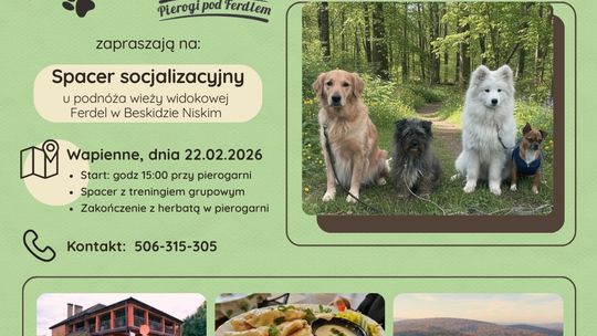 plakat zapowiadający wydarzenie - Spacer Socjalizacyjny u podnóża wierzy widokowej