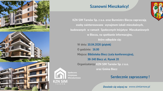 zdjęcie przedstawia plakat promujacy wydarzenie - Spotkanie informacyjne SIM Biecz - wynajem mieszkań