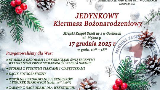 Świąteczny kiermasz w MZS nr 1 w Gorlicach | zapowiedzi wydarzeń - halogorlice.info plakat zapowiadający świąteczny kiermasz w MZS nr 1 w Gorlicach