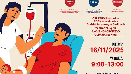 Uratuj Życie z OSP KSRG Rożnowice | zapowiedzi wydarzeń - halogorlice.info Plakat zapowiadający wydarzenie Akcja oddawania krwi w Rożnowicach