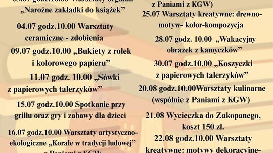 Plakat zapowiadający Wakacyjne zajęcia w Bibliotece Publicznej w Kobylance