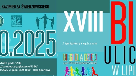 plakat zapowiadający wydarzenie w miejscowości Lipinki pod tytułem XVIII BIEG ULICZNY im. Kazimierza Świerzowskiego