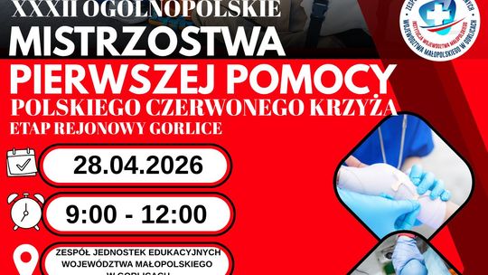 plakat zapowiadający wydarzenie -  XXXII Ogólnopolskie Mistrzostwa Pierwszej Pomocy Polskiego Czerwonego Krzyża