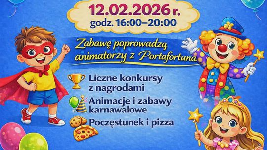 plakat zapowiadający wydarzenie - Zabawa karnawałowa dla wszystkich dzieci w Szymbarku
