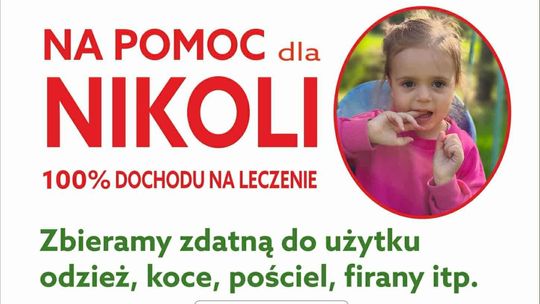 Zdjęcie przedstawia plakat promujący wydarzenie Zbiórka odzieży używanej na pomoc dla Nikoli Woźniak