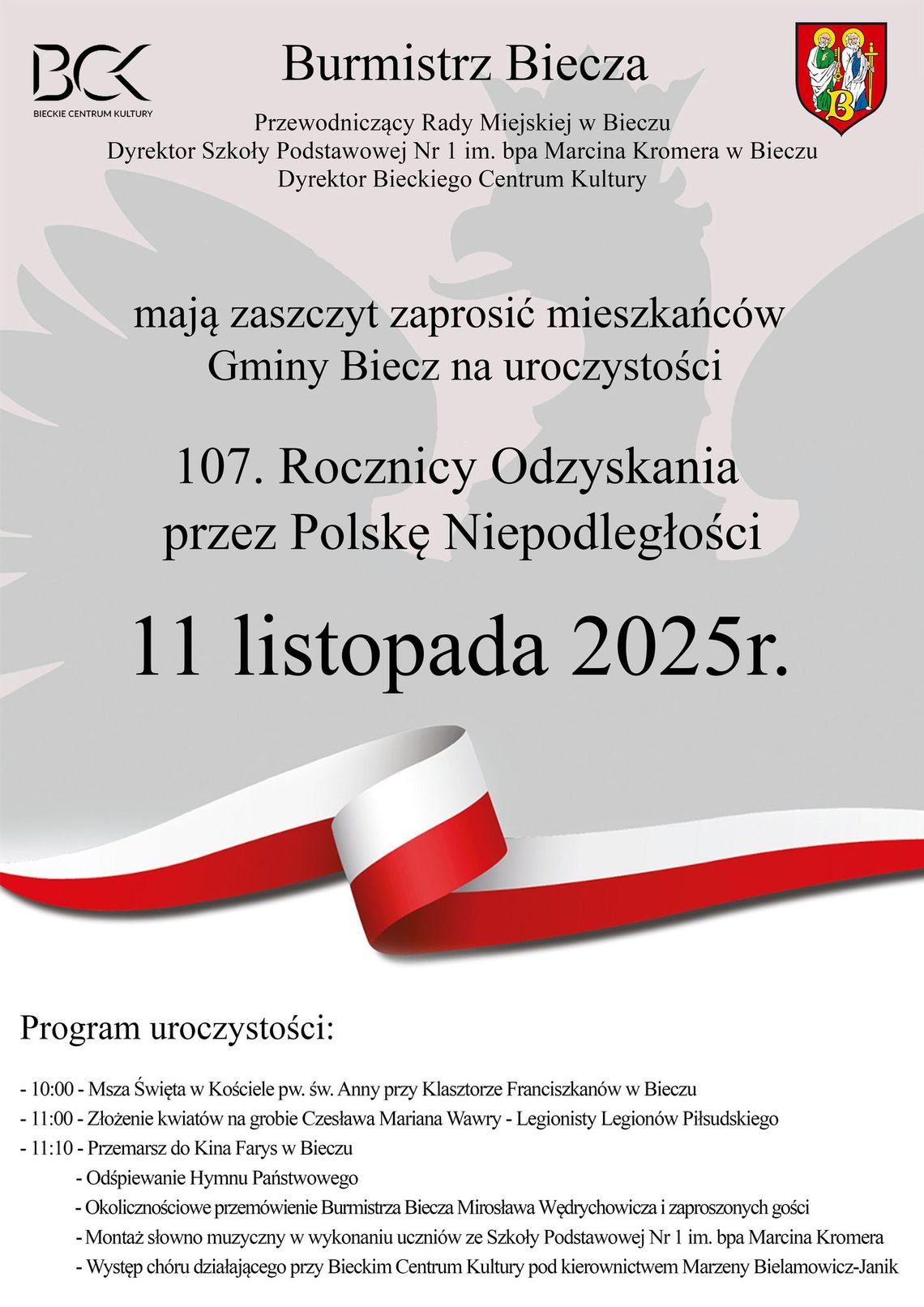 Plakat zapowiadający wydarzenie - 107. Rocznica Odzyskania przez Polskę Niepodległości - Biecz