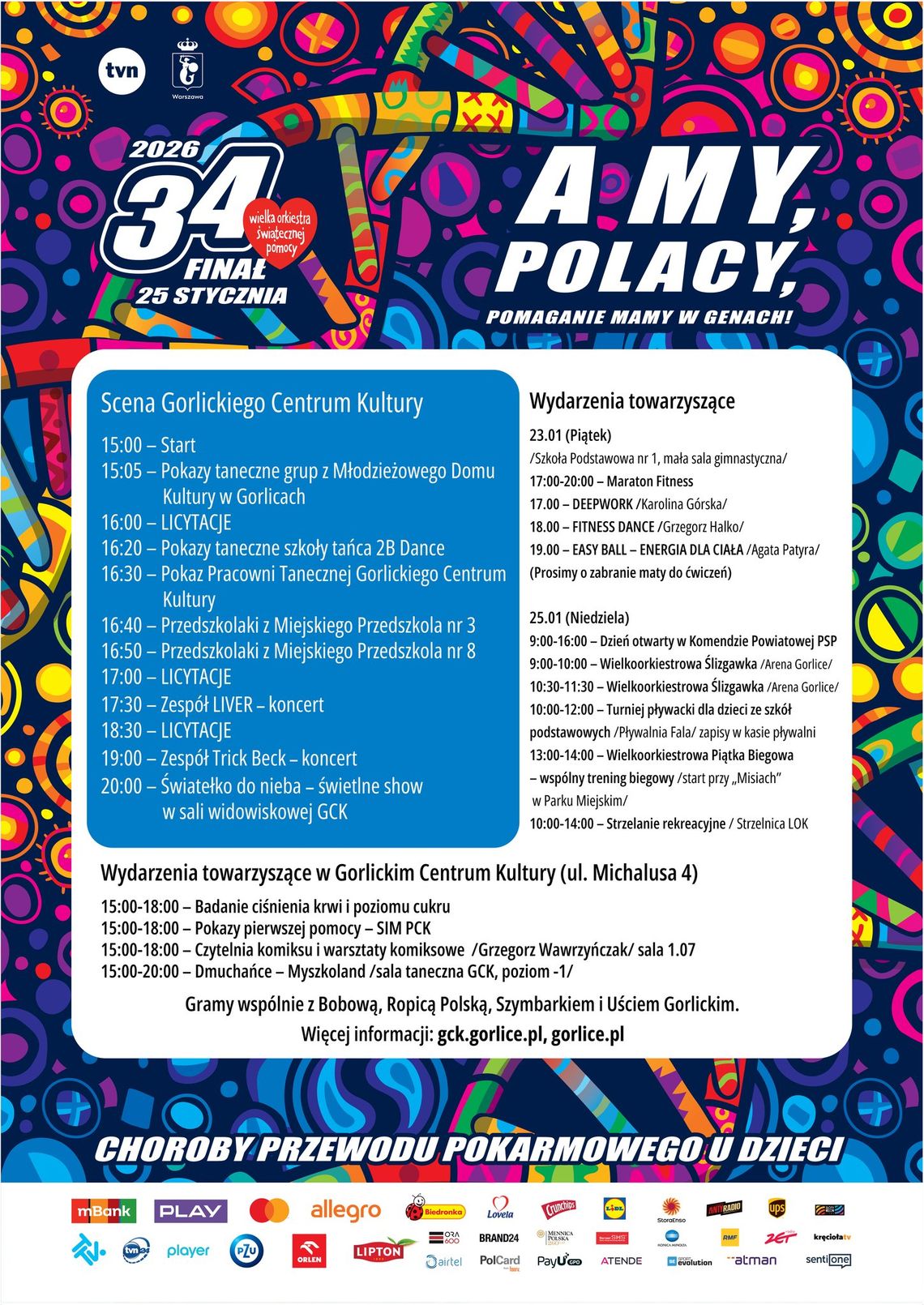 Plakat zapowiadający wydarzenie - 34. Finał Wielkiej Orkiestry Świątecznej Pomocy w Gorlicach