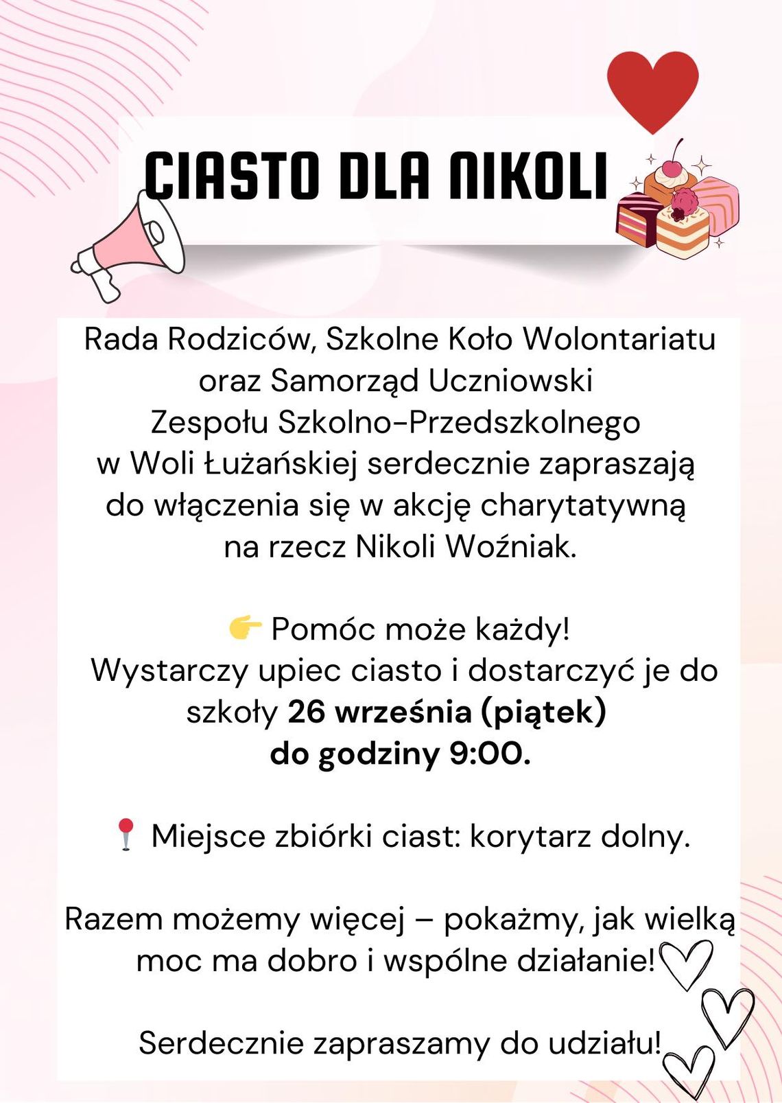Plakat zapowiadający wydarzenie Akcji charytatywnej dla Nikoli Wożniak